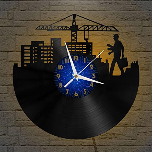 YHDE Orologio da parete in vinile per ingegnere edile, orologio da parete in vinile silenzioso e senza ticchettio (B、Con luce a LED