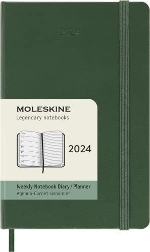 Moleskine Wochenplaner mit Platz für Notizen 12 Monate 2024, Planer 2024, Pocket Format 9x14, Hardcover und elastischer Verschluss, Farbe Myrte Grün