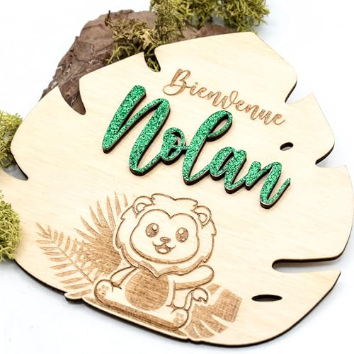 Carte bienvenue bébé feuille monstera en bois, texte & prénom personnalisable, panneau pour la séance photo de naissance, thème jungle, idée cadeau, baby, baptême, décoration champêtre, souvenir