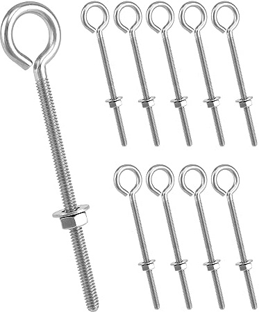 QWORK Eye Bolts, 10 Pack 1/4 x 4 Stainless Steel Long Threaded Eyebolts with Nuts, for Hanging or Securing Cables