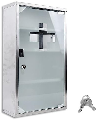 Froadp Medizinschrank Arzneischrank aus Edelstahl Abschließbarer Hausapotheke mit Glas Tür & Schloss 30 x 12 x 57.5 cm Apothekerschrank Medikamentenschrank Erste Hilfe Schrank (4 Fächer)