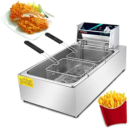ANIFM Freidora eléctrica de 20 l, Cesta para encimera, freidora de encimera de Acero Inoxidable con Tapa, Ajuste de Temperatura Ajustable e indicador de luz con Tapa Plateada, para encimera Comercial