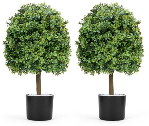 ybaymy Set of 2 Artificial Boxwood Ball Trees 60cm Tall,Decoration Fake Plant Plastic Bonsai with Built-in Cement Pot,UV Resistant Faux Boxwood Topiary Plant for Home Indoor Outdoor Decor