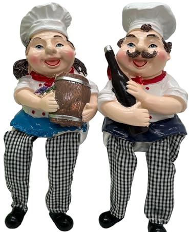 KiaoTime Set of 2 Home Kitchen Decor Chef Figurines Red Wine Barrel and Fruit Grapes with Dangling Legs Shelf Sitters Figurine Statue for Kitchen Shelves, Cupboard, Countertop, Windowsill