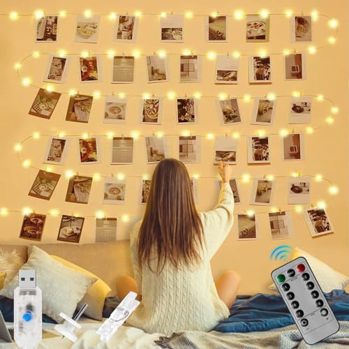 LURICO Foto Lichterkette, 12M 120LED Fotoclips Lichterkette, USB, für Zimmer Deko Fotos Wand mit 52 Klammern Bilder für Wohnzimmer, Weihnachten, Hochzeiten, Party