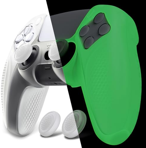 PlayVital Anti-Rutsch Hülle für PS5 Controller, Ladestation kompatibel | Schutzhülle Case Skin für playstation 5, Ergonomische Griffe, mit Thumbstick-Kappen, Ninja Edition, Grün Leuchtet in Dunkel
