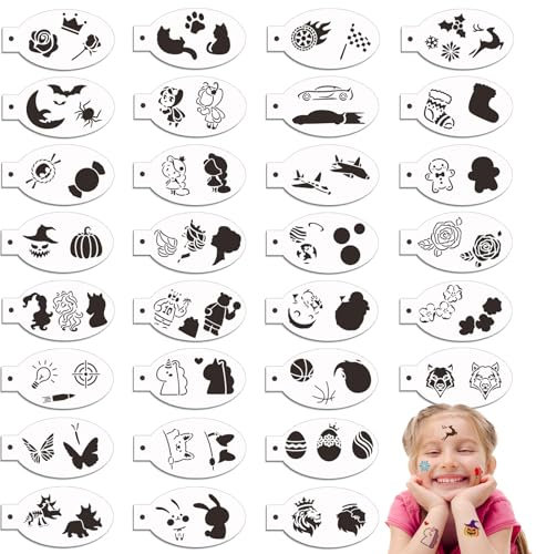 OOTSR 30 Stk Wiederverwendbare Schablonen für Kinder Erwachsene, Tattoo-Schablonen für Gesicht und Körper, Kreativität Tattoo Schablone für Halloween Schminke Partys