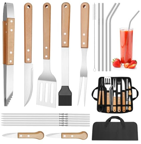 Edelstahl Grillzubehör Set,18 STK. Grillzubehör BBQ Grillbesteck Grillwerkzeug Set für Männer Geschenk mit Tragbarer Aufbewahrungstasche für Garten & Camping, Gelb Holzgriff (Set B)