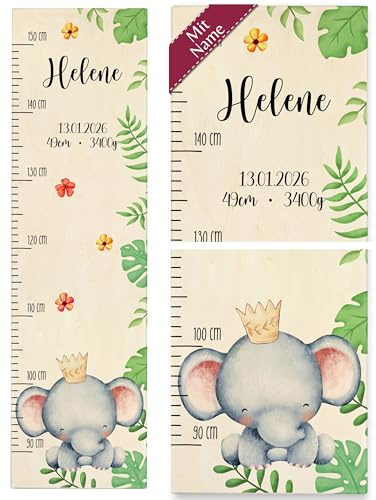 Messlatte Kind Holz - Süßer Elefant mit Name und Datum Niedliches Elefantenmotiv Lustiger Elefant Fröhlicher Elefant - 90-150 cm - Holz - kinder personalisierte geschenke baby elefanten