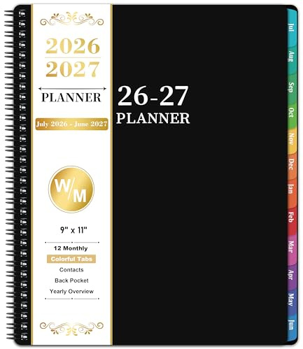 Planner 2026-2027 - Academic Planner 2026-2027, July 2026 - June 2027, 9 x 11, 26-27 Planner Weekly and Monthly, 26-27 Calendar Planners with Colorful Tabs, Pocket - Black