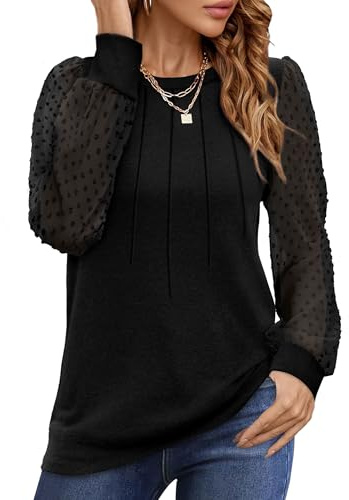 Aokosor Ladies Long Sleeve Tops Black Women Top Size 22-24 Ladies Shirts Long Sleeve Pleated Lace Blouse Tops