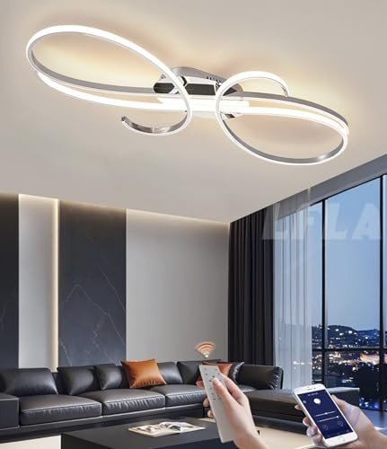 LFLA Dimmbar LED Deckenleuchte Moderne Wohnzimmerlampe mit Memory Funktion Deckenlampe Energiesparlampe Schlafzimmer Esszimmer Büro Beleuchtung mit Fernbedienung 3000-6000K (Chrom, L60cm-62W)