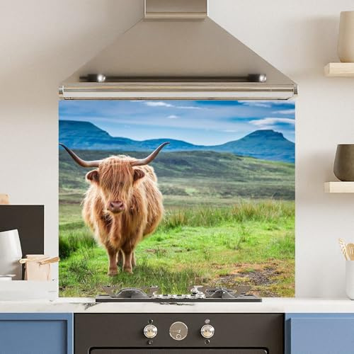 Toughened 6mm Glass Kitchen Splashback 90 x 75cm Green HighHighland Cow Polished Heat Resistant Back Splash for Cookers Hob
