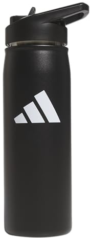 adidas Stainless Steel Metal Water Bottle 20 oz (600 mL) Straw Lid, Black/White, 600 ML