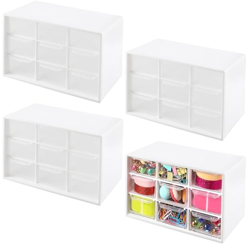 SINJEUN 4 Stück Bastelbox Aufbewahrung mit 9 Schubladen, Sortierbox Organizer Box Schubladenbox für Schreibtisch, Büro