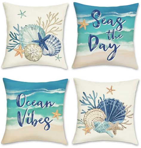 Bonhause Summer Coastal Cushion Covers 45 x 45 cm Seashell Coral Starfish Beach Polyester Linen Decorative Throw Pillow Covers for Sofa Couch Bed Home Outdoor Decor Set of 4