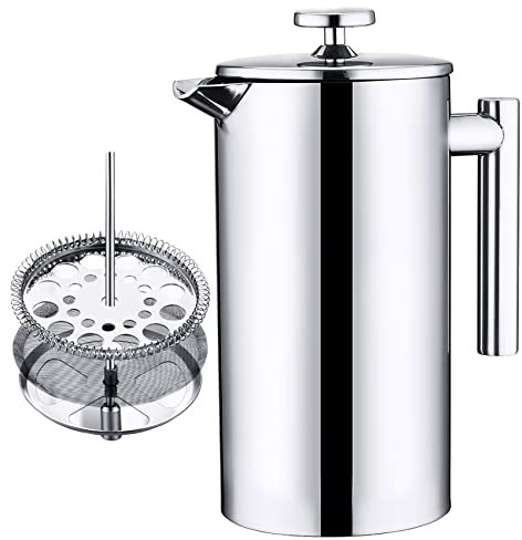 Cafetera de prensa francesa de acero inoxidable 304 con aislamiento de doble pared, capacidad de 1 litro, sistema de filtración de 4 niveles, ideal para el hogar y la oficina