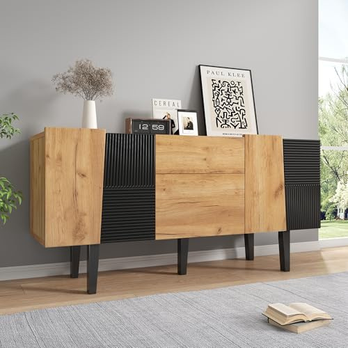 Jaxenor Sideboard Holz mit 2 Schubladen, Sideboard Schlafzimmer mit Massivholzbeinen, Zeitgenössischer Wohnzimmerschrank für Schlafzimmer, Esszimmer & Flur, Eiche