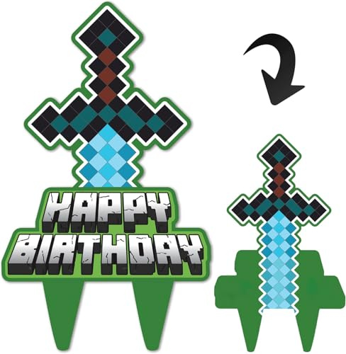 Happy Birthday Cake Topper, Pixel Style Cake Picks Decorations, Block Video Game Themed Cake Topper for Kids Boy and Girl