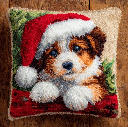Rqwybcaxn Knüpfkissen Set Weihnachtswelpe Knüpfkissen Set Für Anfänger Erwachsene Oder Kinder Zum Selber Knüpfen,Diy Knüpfteppich Knüpfpackung,43X43Cm