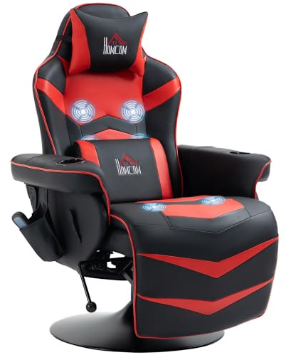 HOMCOM Sedia da Gaming Massaggiante Acciaio 78x80x111.5 cm Nero e Rosso | Reclinabile con Poggiapiedi, Portabicchieri e Cuscino, Sedia Ergonomica in Finta Pelle