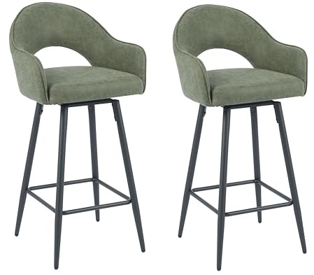 Cooleben Grüne Retro Barhocker 2er Set, Thekenhocker mit Armlehnen & Rückenlehne, Lederimitat Polsterte Barkessel mit 136KG Tragfähigkeit, 360°Drehbarer Barhocker für Küche Home Bar Restaurant Café