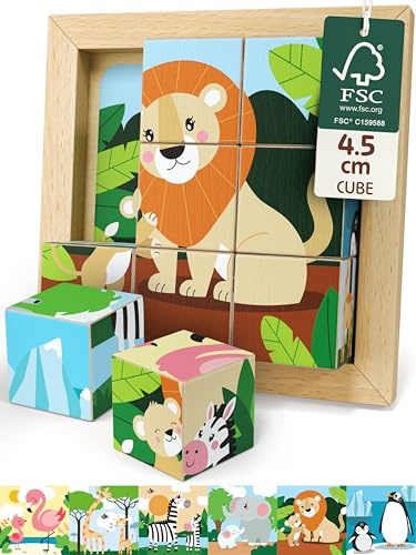 Merle Toys® 6-i-1 Kubpussel i trä för barn från 2 år, 3D Bildkuber av 100% Bokträ, Barnpussel för 2–3 år, pedagogisk Träleksak med rundade Hörn och 6 Bildmallar, Lejon
