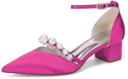 Femmes Escarpins Satinés De Mariée À Talons Bas Carrés Et Bout Pointu avec Perles pour Soirée Et Robe,Fuchsia,43 EU
