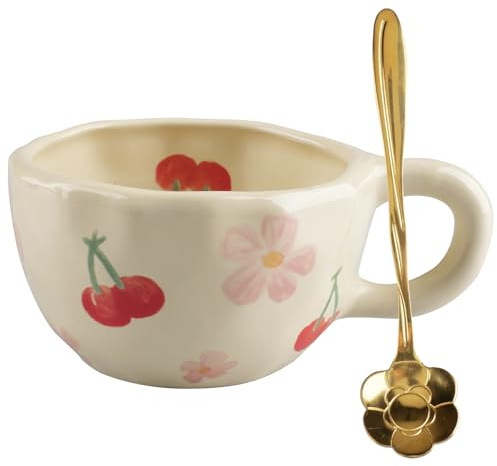 inodiref Taza de té de cerámica con cuchara Taza de café de 250 ml Tazas dulces con flores pintadas a mano, taza estética de cerámica regalo para mujeres tazas de cerámica taza de té de flores