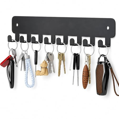SOARFLY Schlüsselbrett mit 8 Haken, Schlüsselhalter Wand Schwarz aus Metall mit 2 Schrauben und Dübeln, Schlüsselhaken Wandmontage Schlüsselleiste für Flur, Küche, Büro und Eingangsbereich