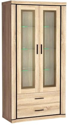 Masseno Glasvitrine Malaga Standvitrine, Wohnzimmer Vitrine, Modern Vitrinenschrank, 97x45x192cm, Sonoma Eiche