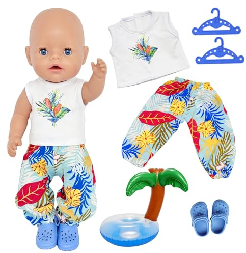 6-delat dockklänningar, set för 35–45 cm dockor – tropiskt linne, plushbyxor, palmsimring, blå tofflor och 2 klädgalgar