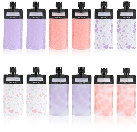 12 Pcs Travel Pouches for Toiletries, 6 Colours Refillable Travel Pouches for Liquid, Leak Proof Squeeze Containers with Labels (7 x 16.1 cm)