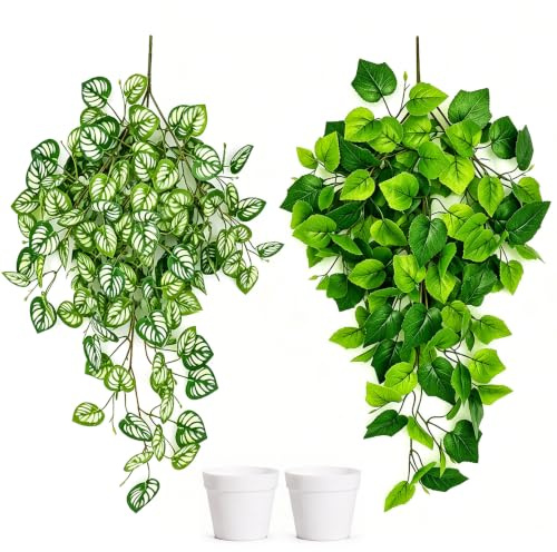 VEEKAY 2 Piezas Plantas Artificiales Decorativas con Macetas,Plantas Colgantes Artificiales, Fake Plants Realistas,para Baño, Oficina, Estantería
