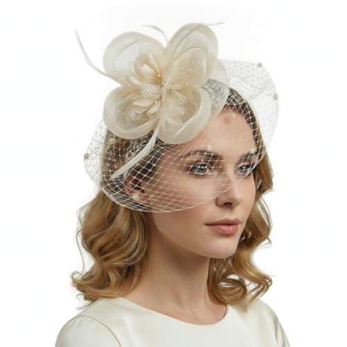 CBMZHF Formell fascinator huvudbonad för damer, blomnät, fjädrar, huvudbonad med spänne, idealisk för Royal Ascot, hästkapplöpning, bröllop, gäst, te- och cocktailfester (kräm)