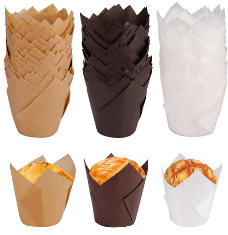 Pirottini per Muffin Carta Tulipano 150 Pezzi 3 Colori per Cupcake | Per Muffin, Cupcake e Mini Dolci; Ideali per Forno, Pasticceria, Compleanni, Matrimoni, Buffet e Catering