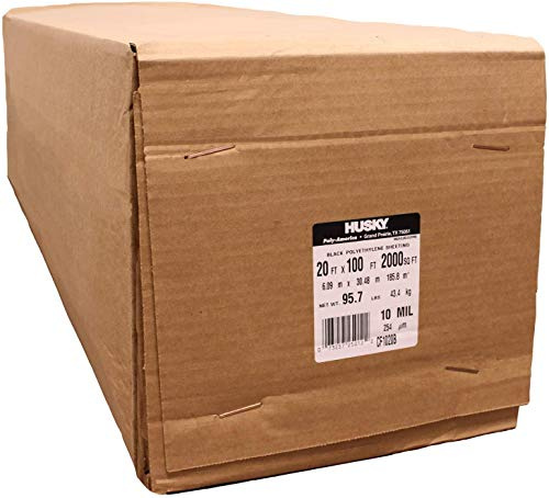 Poly-America (20'x100') Husky Contractor's Choice Black Plastic Sheeting 10 Mil. Thickness (CF1020) Polyethylene Plastic BEST FOR Overspray Shield, Vapor Barrier at Construction or Home Projects