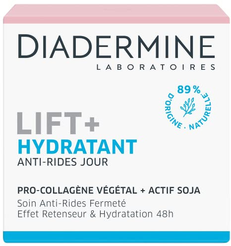 Diadermine - Lift+ Hydratant - Crème Jour Visage - Soin Anti-Rides Ultra Fermeté - Pro-Collagène végétal et actif soja - 89% d'ingrédients d'origine naturelle - Pot de 50 ml
