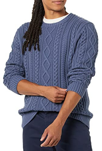Amazon Essentials Herr långärmad 100% bomull fiskare kabel rund hals tröja, mörkblå, liten