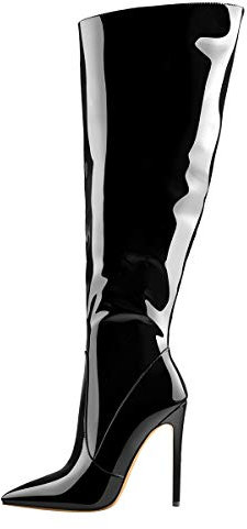 Only maker Damen Fashion Stiefel Spitze Stiefel Stiletto Langschaft Boots Weitschaftstiefel Lack Schwarz 38 EU