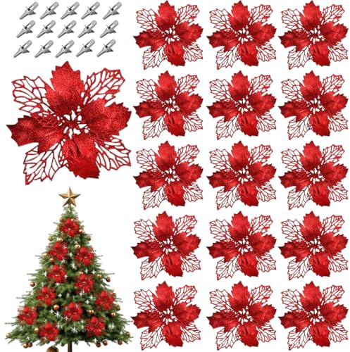 YEAPEAK julgransprydnad blomma – 15 delar julglitter julstjärna – juljuljuljuldekoration, blommor för att dekorera julgranar och kransar! (röd)