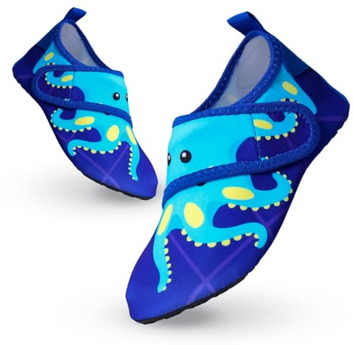 Chaussure Aquatiques Enfant Chaussure de Plage Garçon Fille Séchage Rapide Antidérapant Pieds Nus Chaussure d'eau Chausson Piscine Barefoot pour Aqua Surf Nager Plongée Sport Yoga 24/25EU Pieuvre Bleu