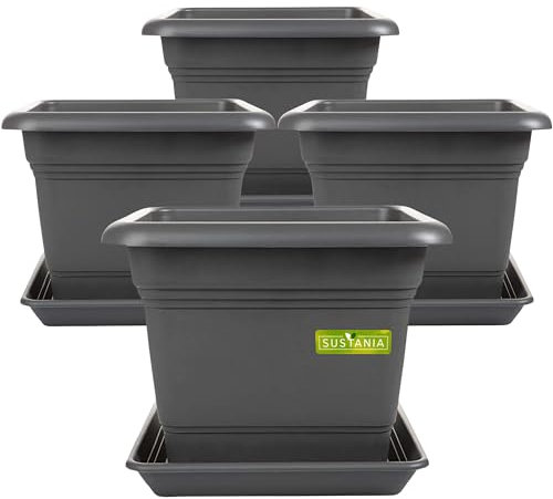 2friends Sustania Pflanzkübel Eckig 28x28 Anthrazit 4er Set - Robuster Blumentopf Groß, Übertopf Ideal für Tomatenpflanzen, Eckige Pflanztöpfe Kunststoff für Garten & Balkon