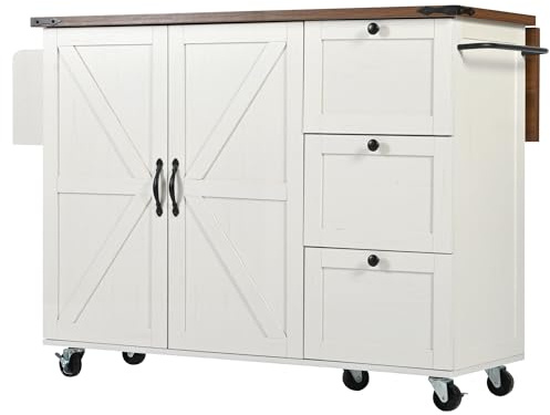 FammyLoft Rolling Kitchen Island on Wheels with Folding Side Board, Trolley with 2 Doors and 3 Drawers, Kitchen Cart with Wood Grain for Home, White