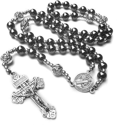 Cosblisvia Schwarze Cross Kreuz Kette Halskette Herren Rosenkranz Set, 41-50 cm 107g Mit Box Für Männer Frauen Jungen, Tägliches Gebet Formelle Events Party (Schwarz)