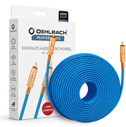Oehlbach NF 113 DI 1500 - Câble RCA Audio numérique - Câble coaxial S/PDIF de Haute qualité, Blindage Multiple, 75 Ohm - 15 m - Bleu