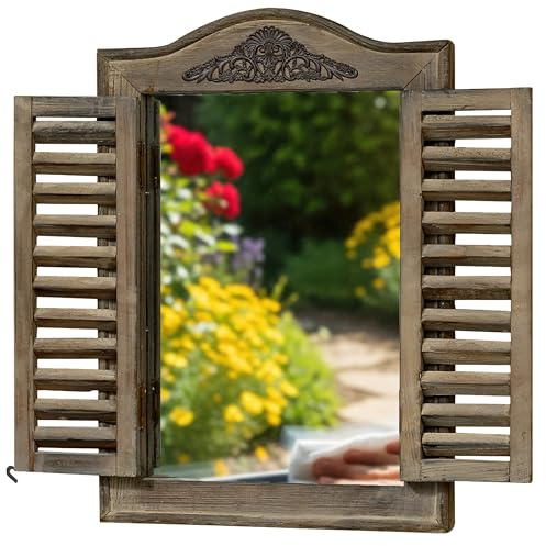 WHW Whole House Worlds French Country Style Rustic Window Mirror with Shutters, Sustainable Wood, Approx. 18 Inches High, Distressed Gray Wash with Vintage Style Metal Decoration
