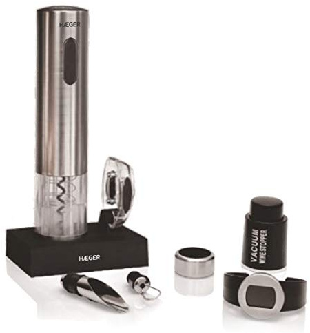 HAEGER LUCCA PACK - Wiederaufladbarer Weinflaschenöffner, elegante Ladestation mit Kapselschneider + 4 Zubehör, transparenter Korkenzieher, 2W Leistung