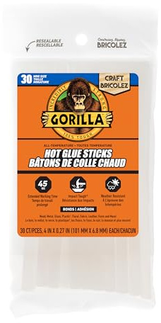 Gorilla 3023003 Hot Glue Sticks 4 In. Mini Size, 30Count | Impact Tough Bond, Weather Resistant for Indoor and Outdoor Use, 0.27 Diameter, Bonds Wood, Plastic, Metal, Glass