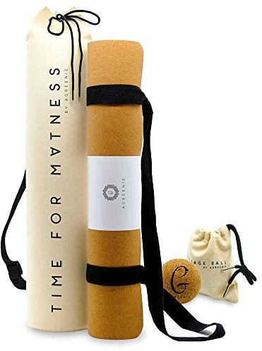 aGreenie® Premium Yoga Matte Kork 4mm / rutschfeste Yogamatte Kork Naturkautschuk/Yogamatte Naturkautschuk inkl. Yogamatten Tragegurt, Massageball & E-Book